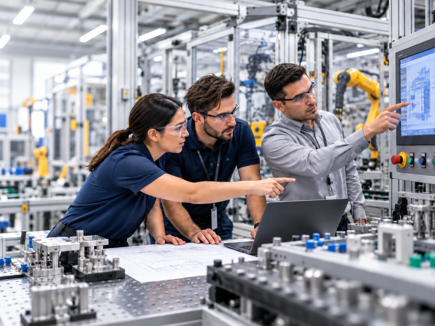 Engineering team collaborating around automation equipment and manufacturing process controls