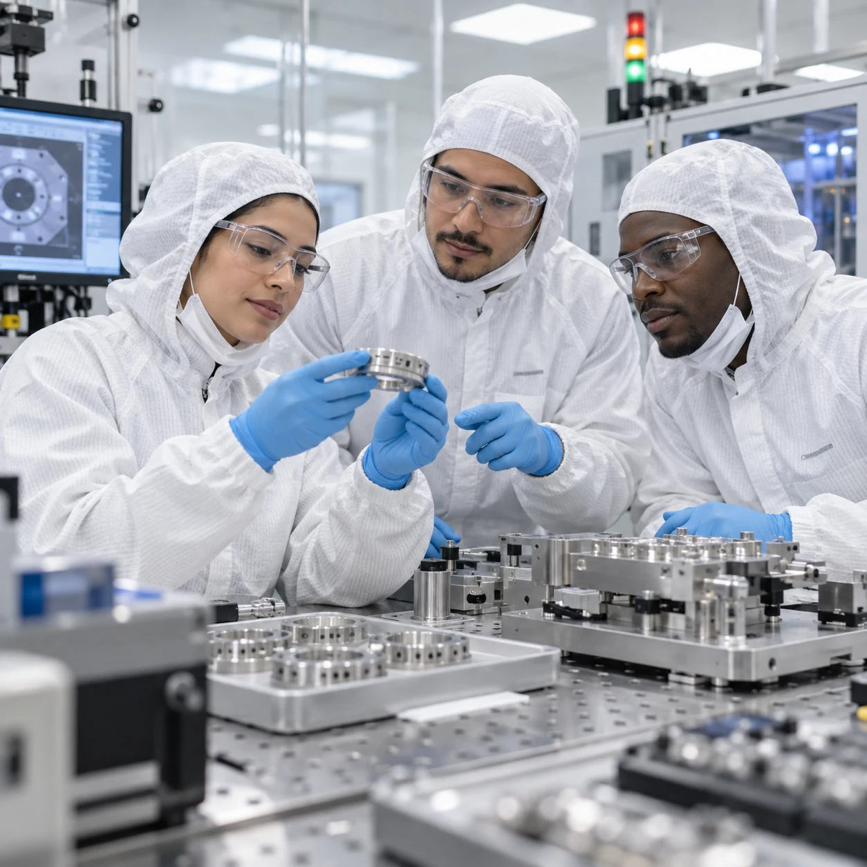 Engineering professionals collaborating in an advanced manufacturing cleanroom